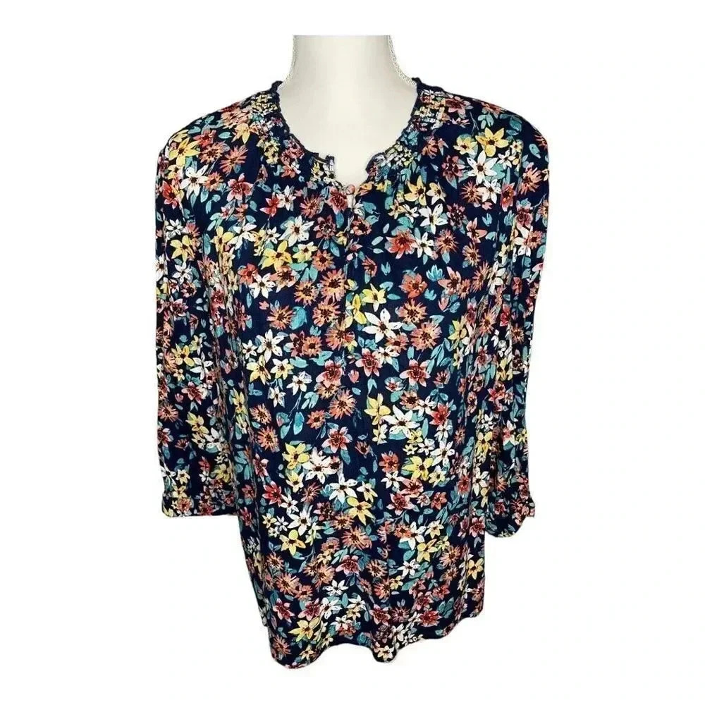 St John's Bay Women's Floral Print Smocked Neck Blouse Navy Blue Petite Large